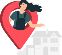 Signup get address icon, woman in map marker pointing house