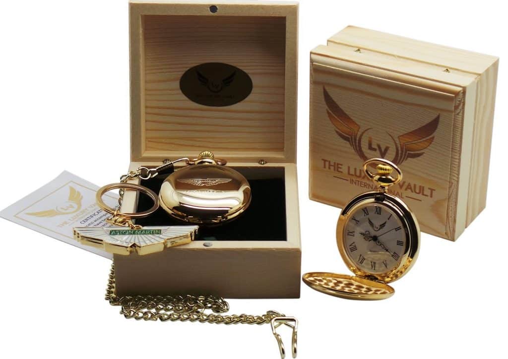 Aston Martin Gold Pocket Watch and Keyring Gift Set in Case Wings 24 Carat Gold Plated Logo DB9 James Bond - Luxury Vault