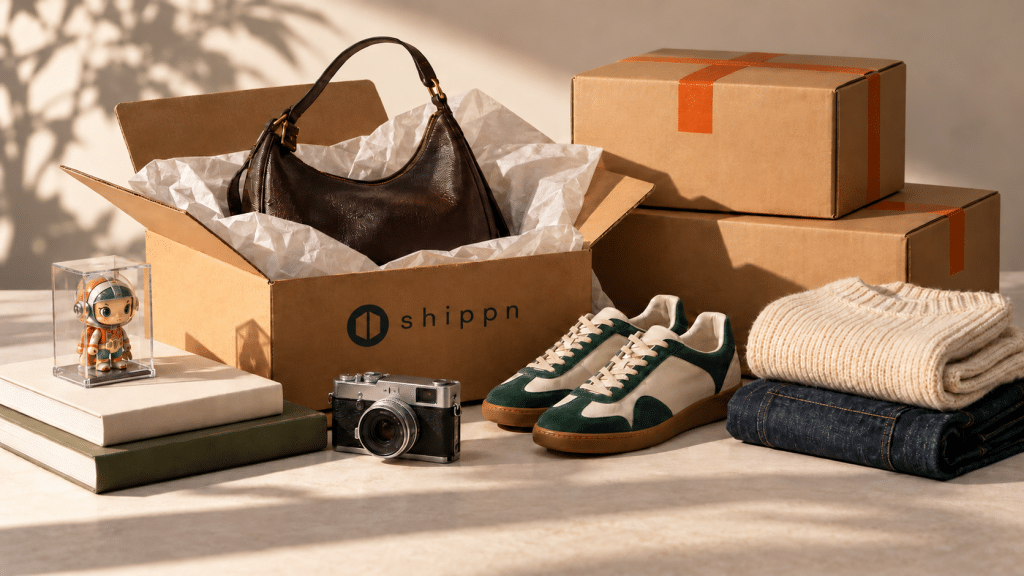 Shippn-branded parcel with fashion items and collectibles for the best package forwarding services guide.